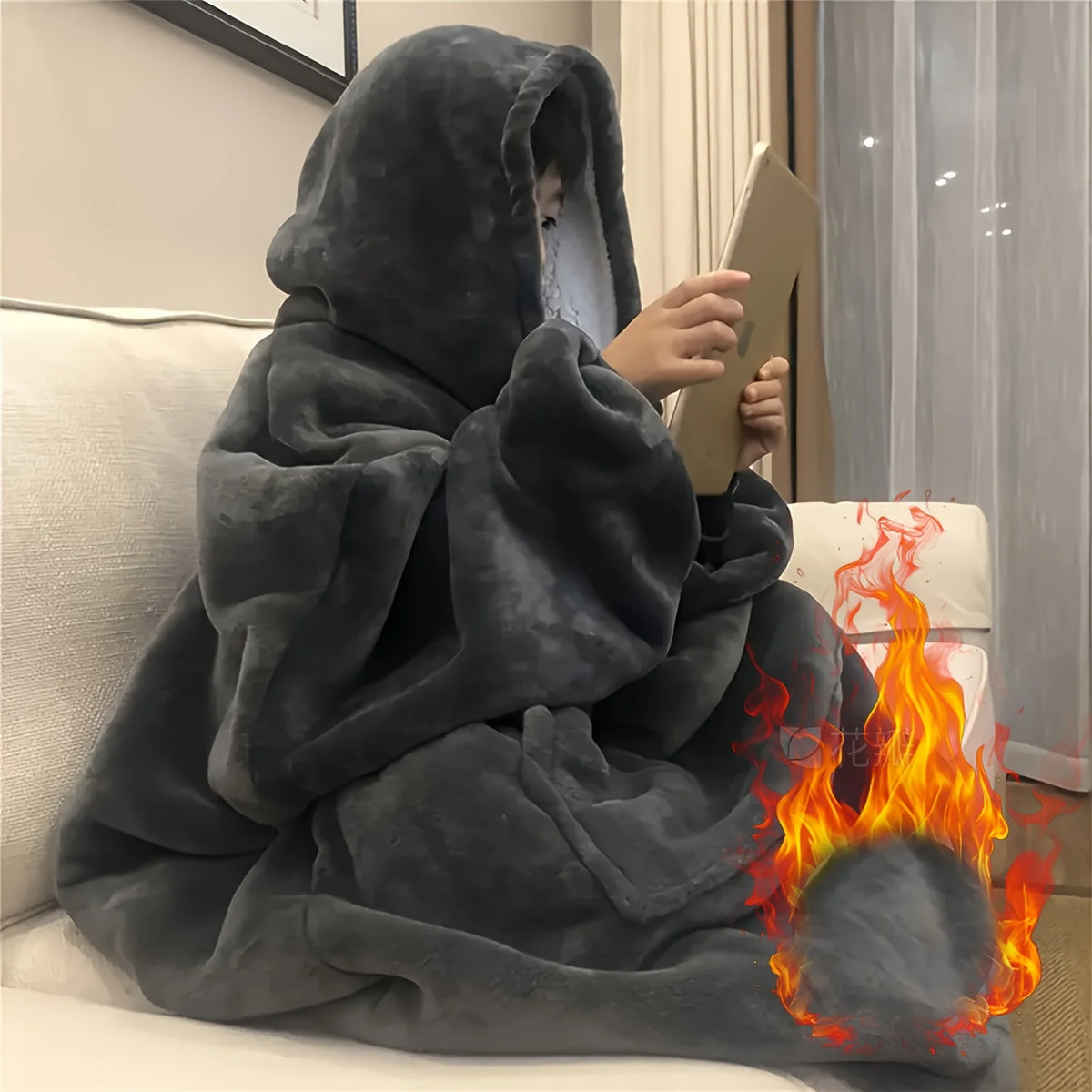 Cozy Oversized Reversible Fleece Hoodie Blanket - Soft Plush Wearable