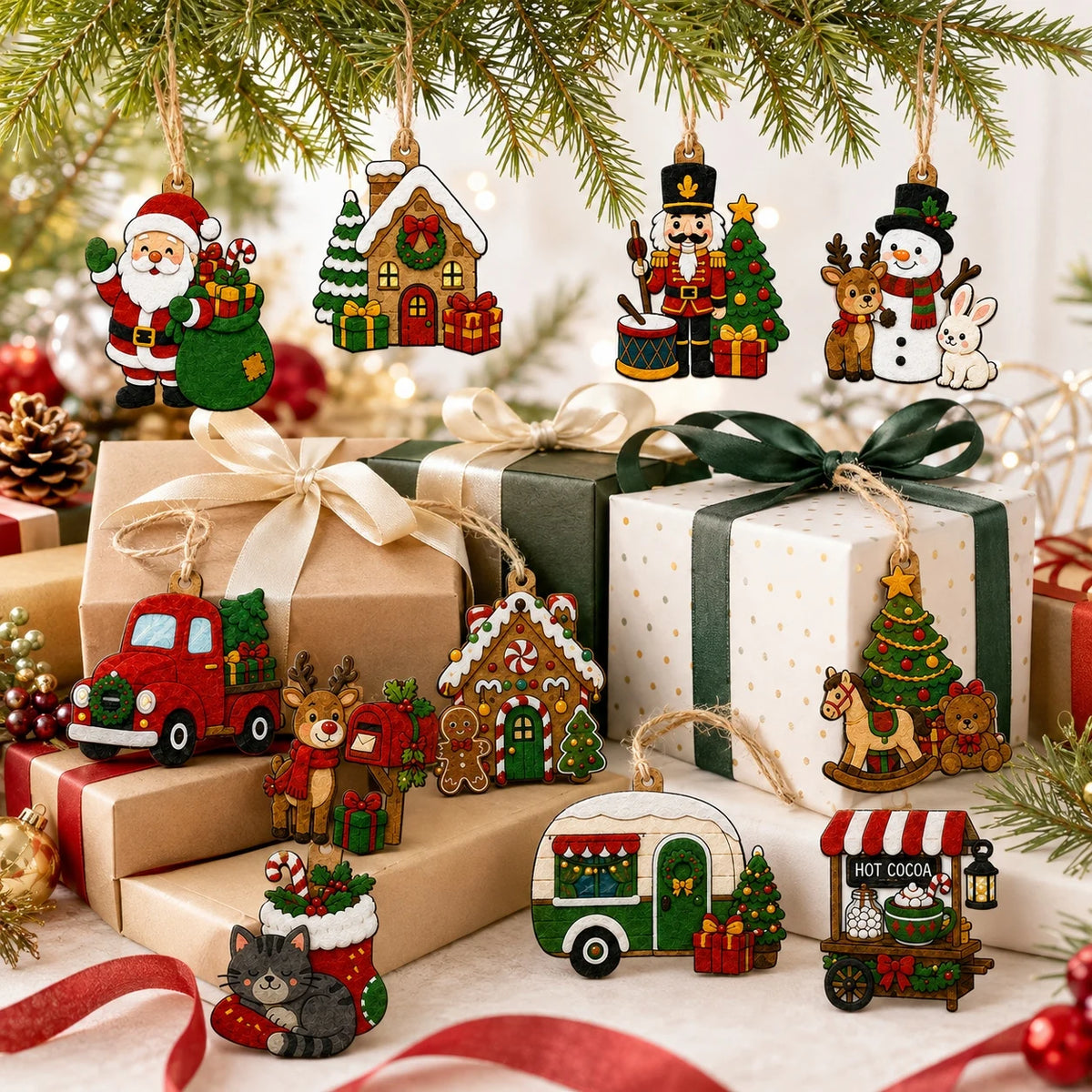 11 PCS 2D Flat Christmas Felt Ornaments, Christmas Hanging Felt Decor,