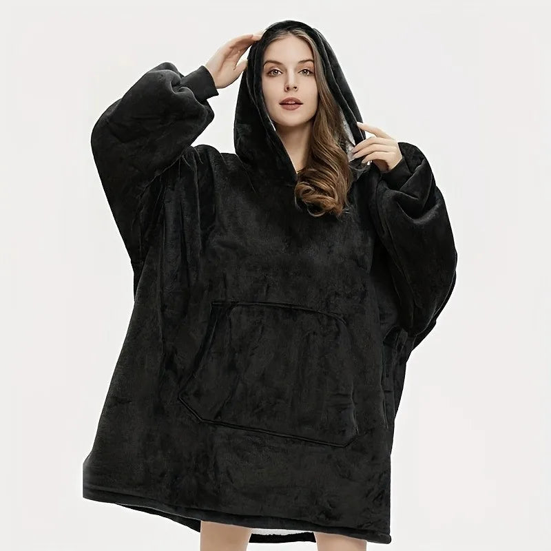 Cozy Oversized Reversible Fleece Hoodie Blanket - Soft Plush Wearable