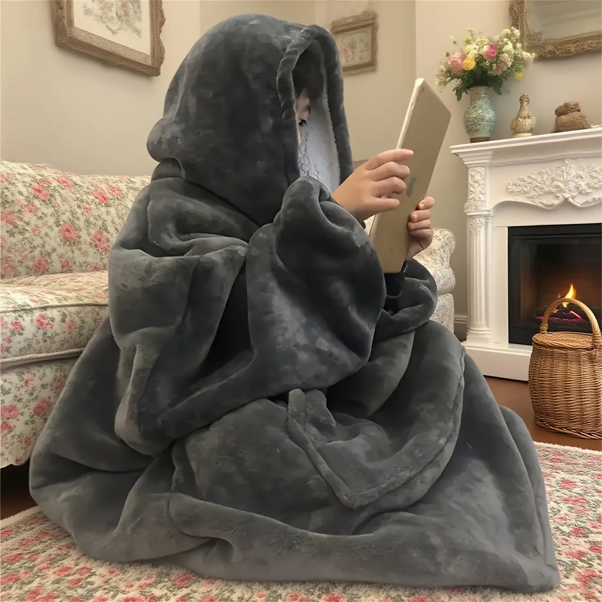 Cozy Oversized Reversible Fleece Hoodie Blanket - Soft Plush Wearable