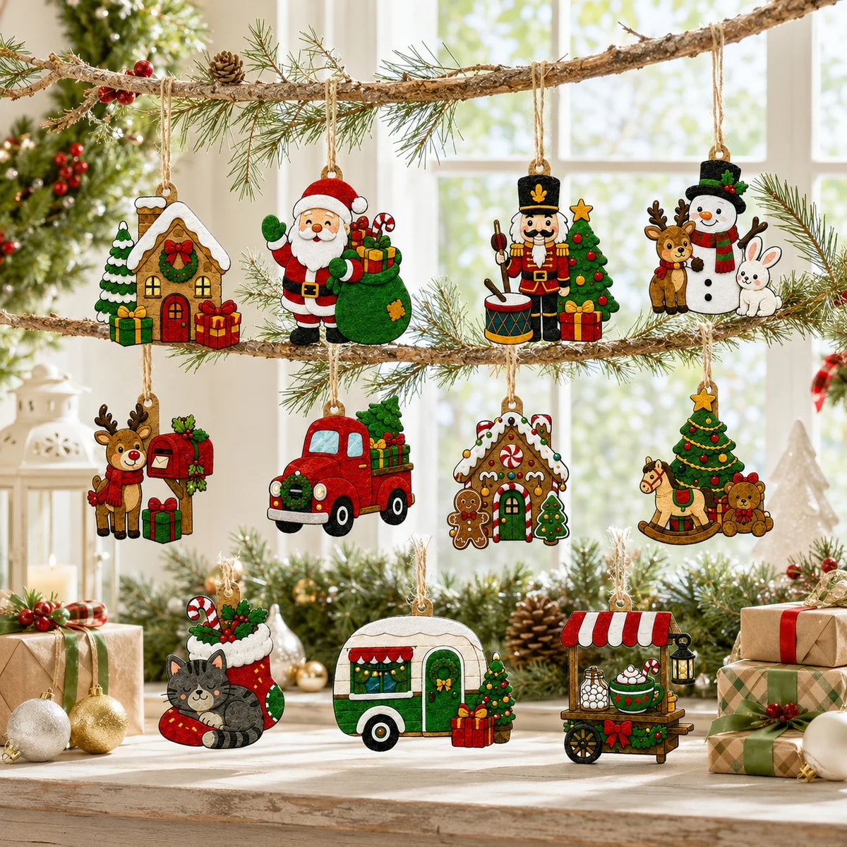11 PCS 2D Flat Christmas Felt Ornaments, Christmas Hanging Felt Decor,